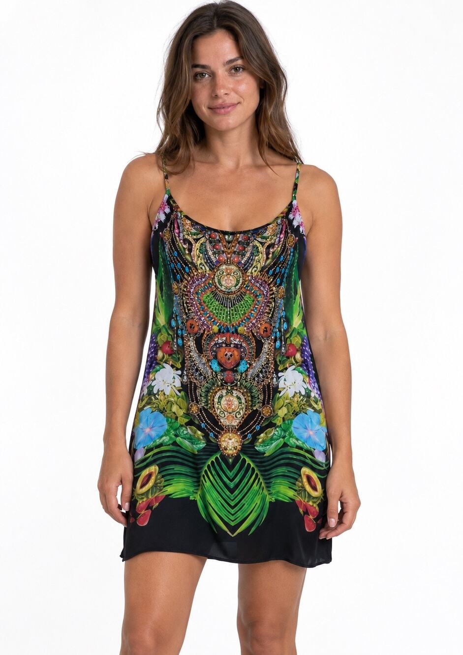 CZARINA Sz Small Multicolor Beaded Viscose Silk Spaghetti Strap Short Dress